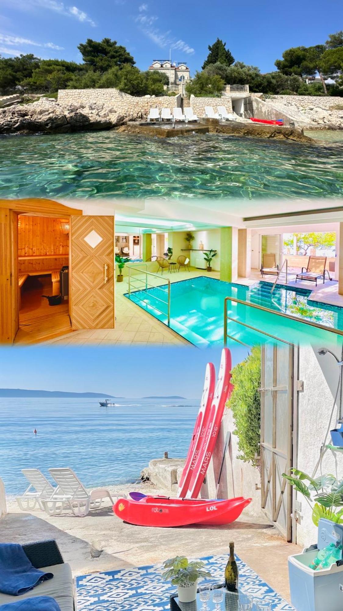 Luxury Seaside Villa With A Classic Mediterranean Olive Garden, A Fully Equipped Professional Kitchen, Pool, Sauna, Padle Boards And Canoe - Miolin Beach House Trogir Kültér fotó